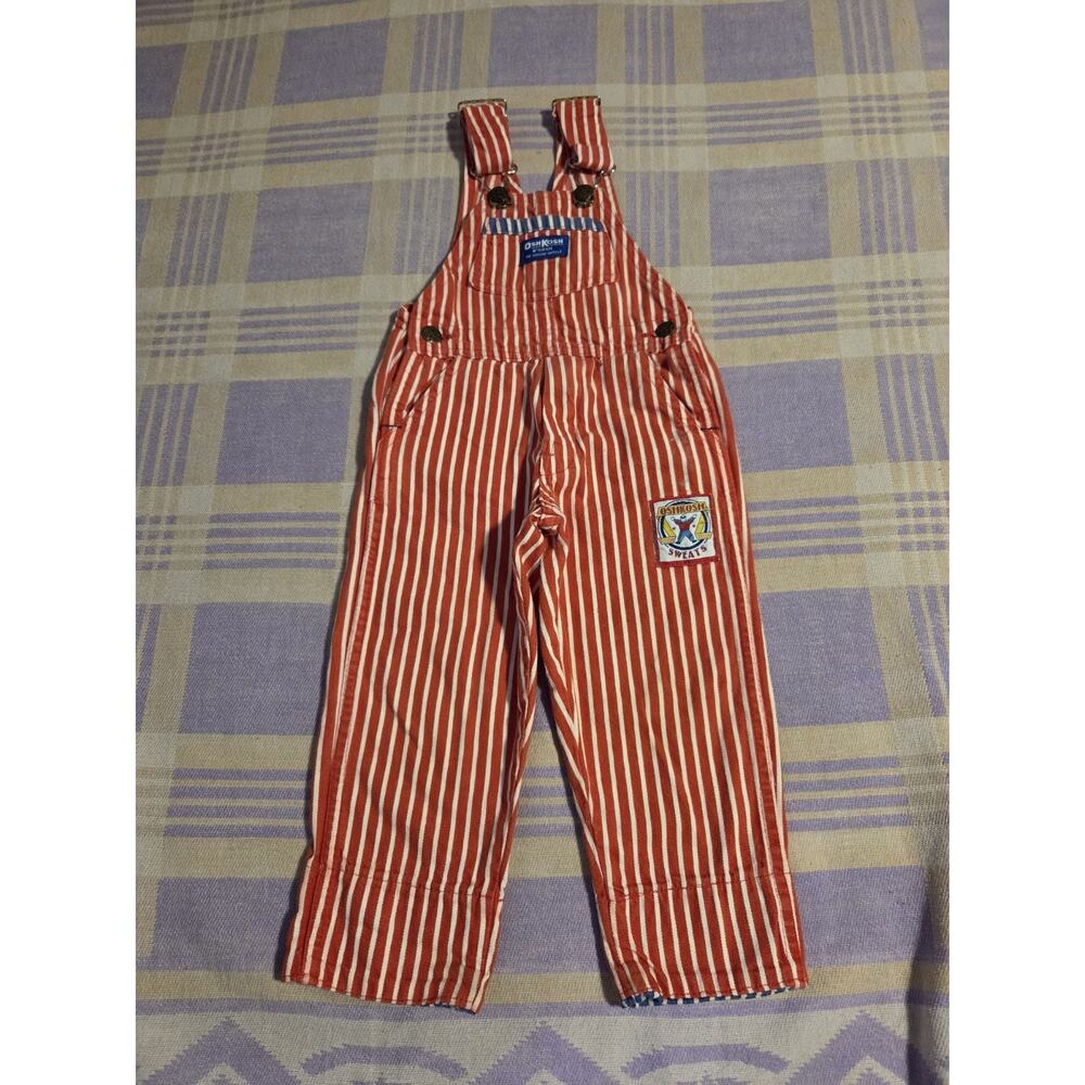 Vtg Osh Kosh Sweats 2T Red White Striped Vestbak Rough Tough 90s 80s Overalls - Picture 1 of 9
